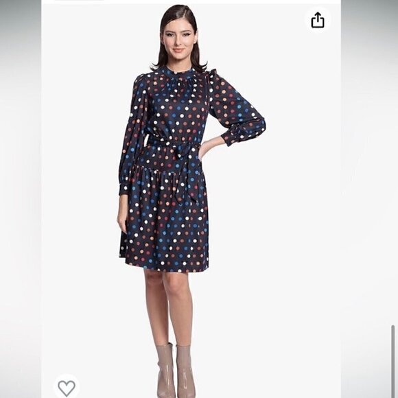 Maggy London Polka Dot Long Balloon Sleeve Dress With Cutout Back and Tie Waist - Picture 3 of 11